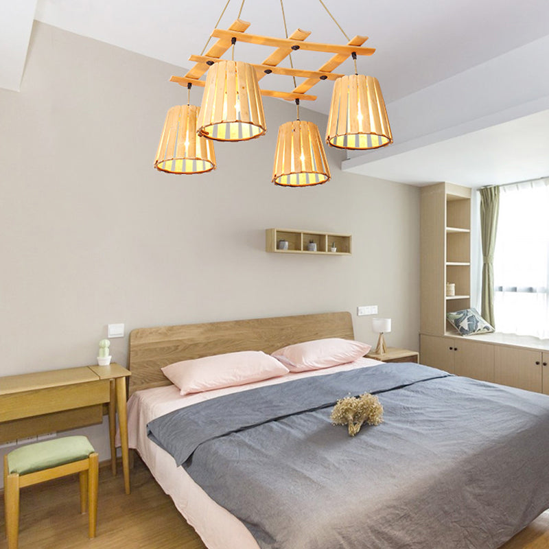 Beige Barrel Pendant Chandelier Modern 4 Lights Wood Hanging Ceiling Light for Bedroom Clearhalo 'Ceiling Lights' 'Chandeliers' Lighting' options 293725