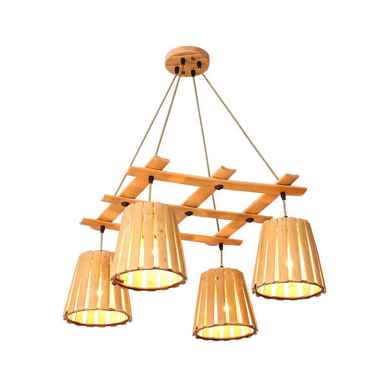 Beige Barrel Pendant Chandelier Modern 4 Lights Wood Hanging Ceiling Light for Bedroom Clearhalo 'Ceiling Lights' 'Chandeliers' Lighting' options 293726