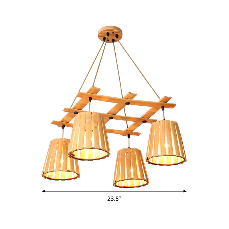 Beige Barrel Pendant Chandelier Modern 4 Lights Wood Hanging Ceiling Light for Bedroom Clearhalo 'Ceiling Lights' 'Chandeliers' Lighting' options 293727