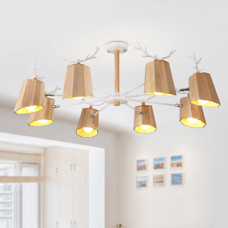 Nordic Beveled Hanging Light Wood 3/8 Heads Dining Room Chandelier Light Fixture in Beige 8 Wood Clearhalo 'Ceiling Lights' 'Chandeliers' Lighting' options 293735_a3faee96-8530-4e72-bebf-59637b4698af