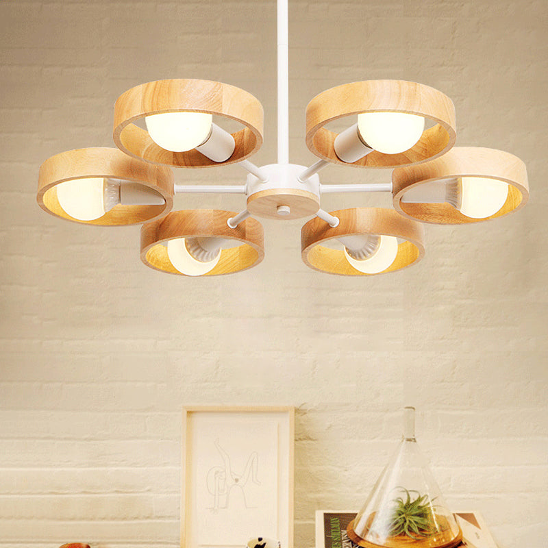 Radial Wood Chandelier Lighting Fixture Simple Style 6 Lights White Ceiling Pendant Light Clearhalo 'Ceiling Lights' 'Chandeliers' Lighting' options 293739