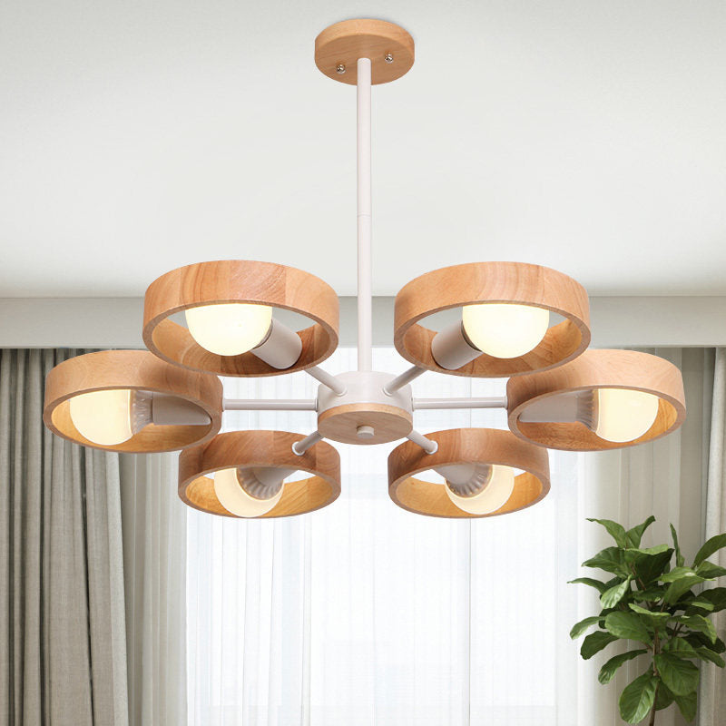 Radial Wood Chandelier Lighting Fixture Simple Style 6 Lights White Ceiling Pendant Light Clearhalo 'Ceiling Lights' 'Chandeliers' Lighting' options 293740