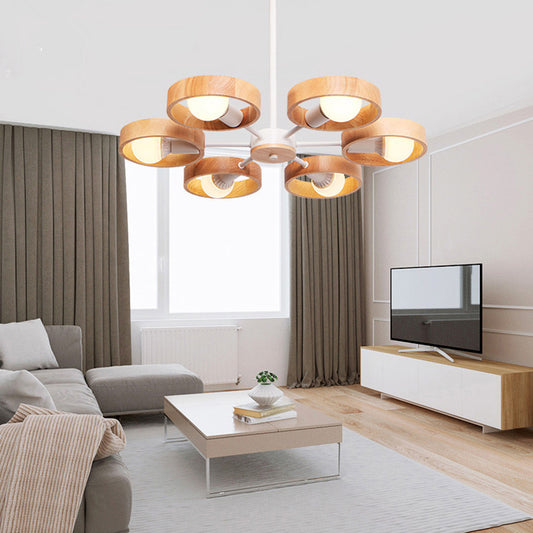 Radial Wood Chandelier Lighting Fixture Simple Style 6 Lights White Ceiling Pendant Light Clearhalo 'Ceiling Lights' 'Chandeliers' Lighting' options 293741