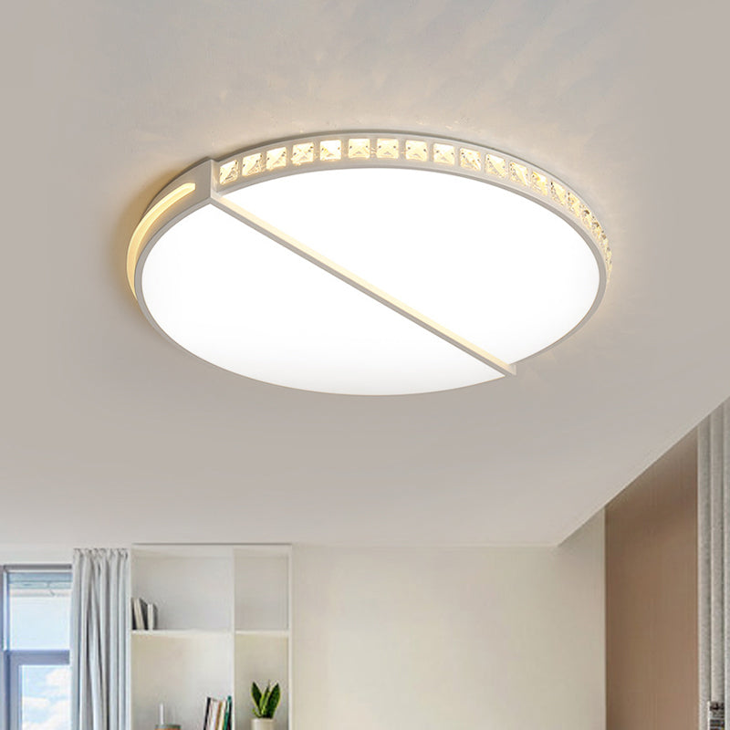 16.5"/20.5" Dia White Disk Ceiling Light Simple Style Metallic LED Flush Mount Lamp in Warm/White/3 Color Light with Crystal Accent White Clearhalo 'Ceiling Lights' 'Close To Ceiling Lights' 'Close to ceiling' 'Flush mount' Lighting' 294137