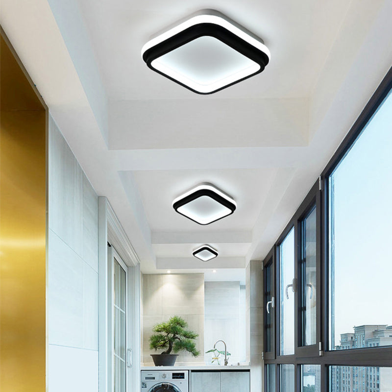 LED Foyer Flush Mount Ceiling Light Simple Style Black Flush Lamp with Square/Round Metal Shade in White/Warm/3 Color Light Black White Square Plate Clearhalo 'Ceiling Lights' 'Close To Ceiling Lights' 'Close to ceiling' 'Flush mount' Lighting' 294216