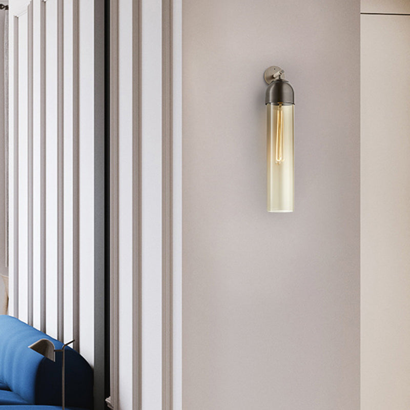 Tube Sconce Light Modernist Blue/Clear/Amber Glass 1 Bulb Wall Mounted Lamp with Curved Arm for Bedside Amber Clearhalo 'Cast Iron' 'Glass' 'Industrial' 'Modern wall lights' 'Modern' 'Tiffany' 'Traditional wall lights' 'Wall Lamps & Sconces' 'Wall Lights' Lighting' 294496