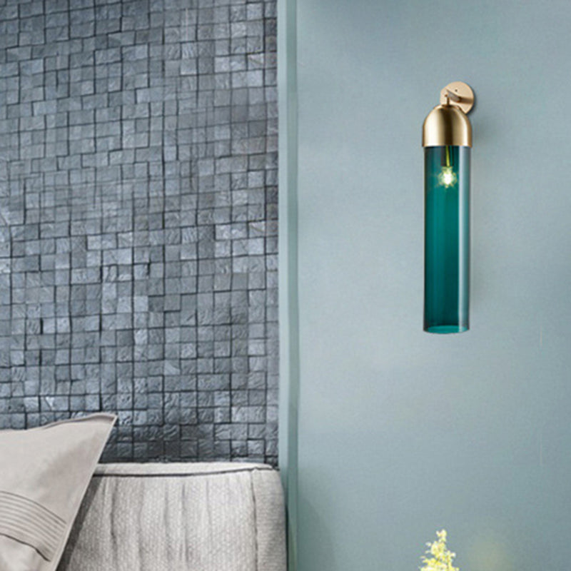 Tube Sconce Light Modernist Blue/Clear/Amber Glass 1 Bulb Wall Mounted Lamp with Curved Arm for Bedside Clearhalo 'Cast Iron' 'Glass' 'Industrial' 'Modern wall lights' 'Modern' 'Tiffany' 'Traditional wall lights' 'Wall Lamps & Sconces' 'Wall Lights' Lighting' 294499
