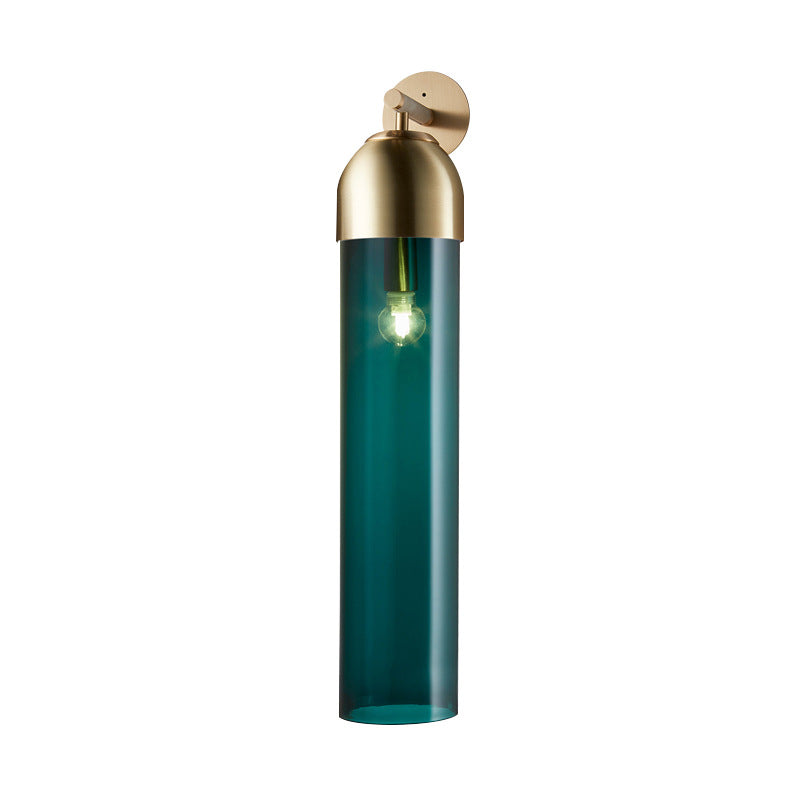 Tube Sconce Light Modernist Blue/Clear/Amber Glass 1 Bulb Wall Mounted Lamp with Curved Arm for Bedside Clearhalo 'Cast Iron' 'Glass' 'Industrial' 'Modern wall lights' 'Modern' 'Tiffany' 'Traditional wall lights' 'Wall Lamps & Sconces' 'Wall Lights' Lighting' 294500