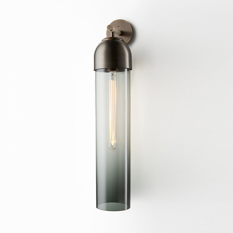 Tube Sconce Light Modernist Blue/Clear/Amber Glass 1 Bulb Wall Mounted Lamp with Curved Arm for Bedside Clearhalo 'Cast Iron' 'Glass' 'Industrial' 'Modern wall lights' 'Modern' 'Tiffany' 'Traditional wall lights' 'Wall Lamps & Sconces' 'Wall Lights' Lighting' 294503