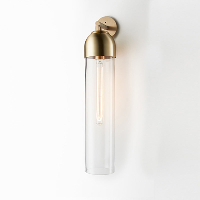Tube Sconce Light Modernist Blue/Clear/Amber Glass 1 Bulb Wall Mounted Lamp with Curved Arm for Bedside Clearhalo 'Cast Iron' 'Glass' 'Industrial' 'Modern wall lights' 'Modern' 'Tiffany' 'Traditional wall lights' 'Wall Lamps & Sconces' 'Wall Lights' Lighting' 294505