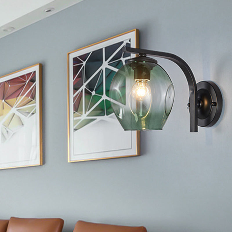 Cup Sconce Modern Blue/Green/Amber Dimpled Blown Glass 1 Head Wall Mounted Lighting with Black/Gold Metal Curved Arm for Bedside Black Green Clearhalo 'Cast Iron' 'Glass' 'Industrial' 'Modern wall lights' 'Modern' 'Tiffany' 'Traditional wall lights' 'Wall Lamps & Sconces' 'Wall Lights' Lighting' 294513