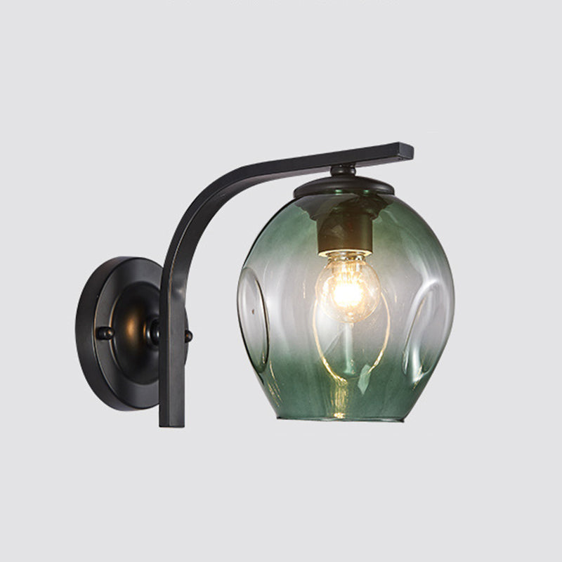 Cup Sconce Modern Blue/Green/Amber Dimpled Blown Glass 1 Head Wall Mounted Lighting with Black/Gold Metal Curved Arm for Bedside Clearhalo 'Cast Iron' 'Glass' 'Industrial' 'Modern wall lights' 'Modern' 'Tiffany' 'Traditional wall lights' 'Wall Lamps & Sconces' 'Wall Lights' Lighting' 294514