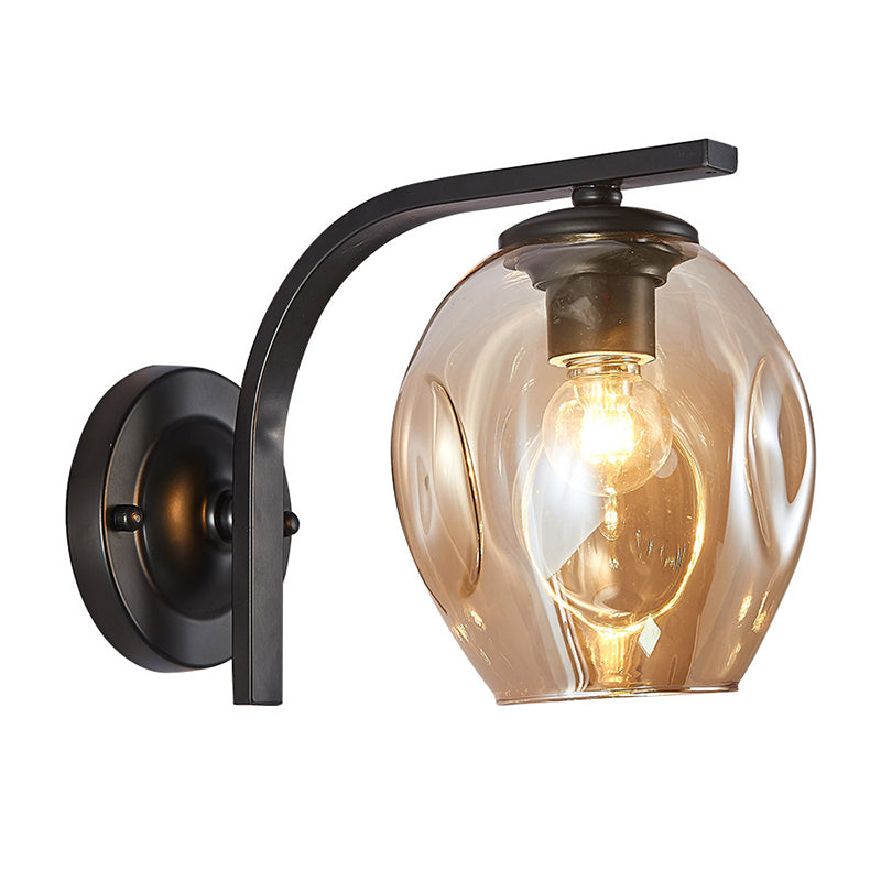 Cup Sconce Modern Blue/Green/Amber Dimpled Blown Glass 1 Head Wall Mounted Lighting with Black/Gold Metal Curved Arm for Bedside Clearhalo 'Cast Iron' 'Glass' 'Industrial' 'Modern wall lights' 'Modern' 'Tiffany' 'Traditional wall lights' 'Wall Lamps & Sconces' 'Wall Lights' Lighting' 294517