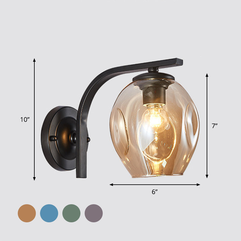 Cup Sconce Modern Blue/Green/Amber Dimpled Blown Glass 1 Head Wall Mounted Lighting with Black/Gold Metal Curved Arm for Bedside Clearhalo 'Cast Iron' 'Glass' 'Industrial' 'Modern wall lights' 'Modern' 'Tiffany' 'Traditional wall lights' 'Wall Lamps & Sconces' 'Wall Lights' Lighting' 294518
