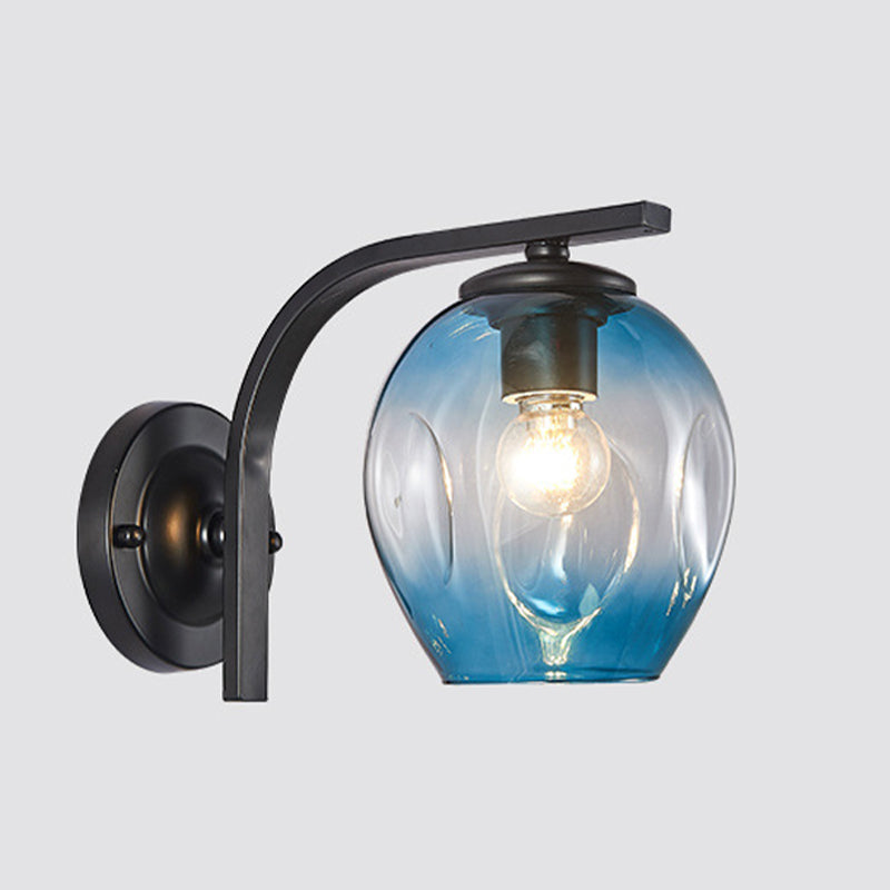 Cup Sconce Modern Blue/Green/Amber Dimpled Blown Glass 1 Head Wall Mounted Lighting with Black/Gold Metal Curved Arm for Bedside Black Blue Clearhalo 'Cast Iron' 'Glass' 'Industrial' 'Modern wall lights' 'Modern' 'Tiffany' 'Traditional wall lights' 'Wall Lamps & Sconces' 'Wall Lights' Lighting' 294520