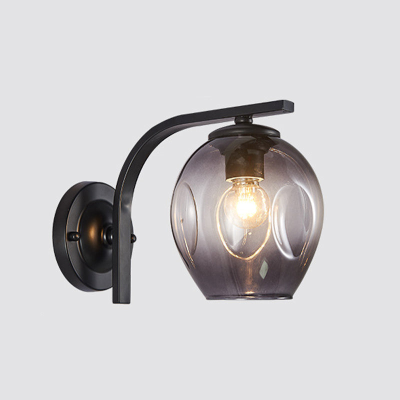 Cup Sconce Modern Blue/Green/Amber Dimpled Blown Glass 1 Head Wall Mounted Lighting with Black/Gold Metal Curved Arm for Bedside Clearhalo 'Cast Iron' 'Glass' 'Industrial' 'Modern wall lights' 'Modern' 'Tiffany' 'Traditional wall lights' 'Wall Lamps & Sconces' 'Wall Lights' Lighting' 294522