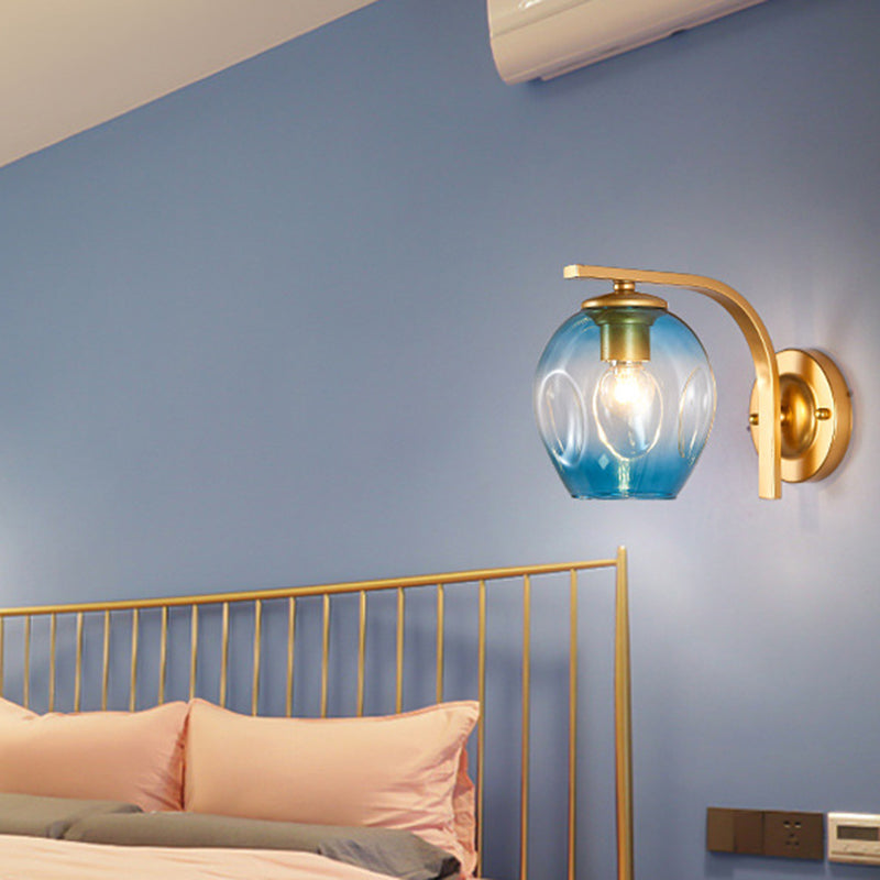 Cup Sconce Modern Blue/Green/Amber Dimpled Blown Glass 1 Head Wall Mounted Lighting with Black/Gold Metal Curved Arm for Bedside Gold Blue Clearhalo 'Cast Iron' 'Glass' 'Industrial' 'Modern wall lights' 'Modern' 'Tiffany' 'Traditional wall lights' 'Wall Lamps & Sconces' 'Wall Lights' Lighting' 294526
