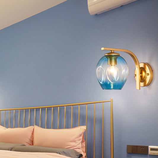 Cup Sconce Modern Blue/Green/Amber Dimpled Blown Glass 1 Head Wall Mounted Lighting with Black/Gold Metal Curved Arm for Bedside Gold Blue Clearhalo 'Cast Iron' 'Glass' 'Industrial' 'Modern wall lights' 'Modern' 'Tiffany' 'Traditional wall lights' 'Wall Lamps & Sconces' 'Wall Lights' Lighting' 294526