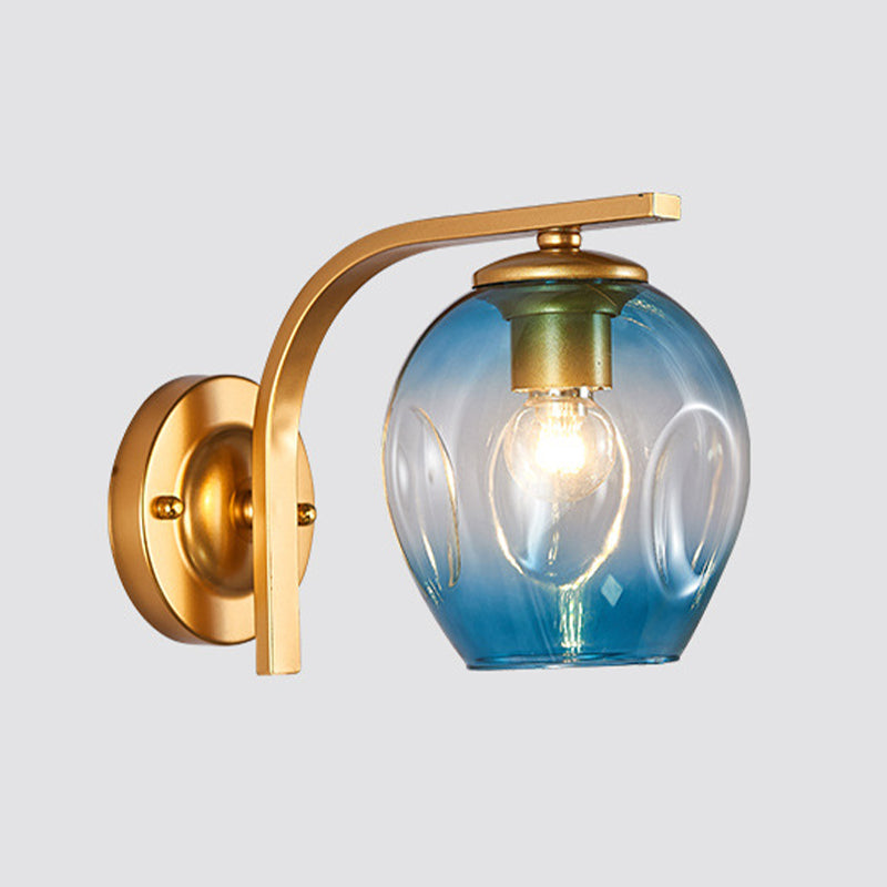 Cup Sconce Modern Blue/Green/Amber Dimpled Blown Glass 1 Head Wall Mounted Lighting with Black/Gold Metal Curved Arm for Bedside Clearhalo 'Cast Iron' 'Glass' 'Industrial' 'Modern wall lights' 'Modern' 'Tiffany' 'Traditional wall lights' 'Wall Lamps & Sconces' 'Wall Lights' Lighting' 294527