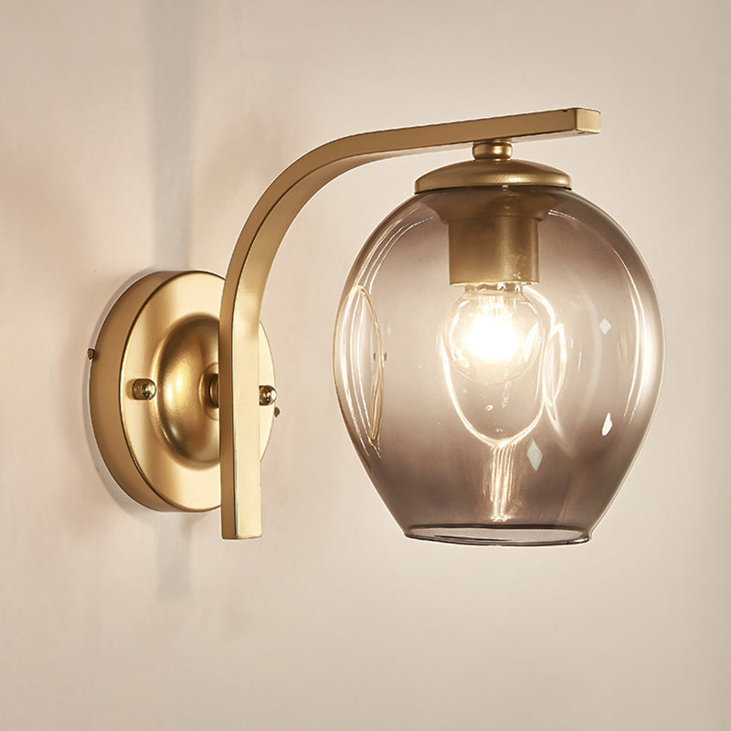 Cup Sconce Modern Blue/Green/Amber Dimpled Blown Glass 1 Head Wall Mounted Lighting with Black/Gold Metal Curved Arm for Bedside Clearhalo 'Cast Iron' 'Glass' 'Industrial' 'Modern wall lights' 'Modern' 'Tiffany' 'Traditional wall lights' 'Wall Lamps & Sconces' 'Wall Lights' Lighting' 294529
