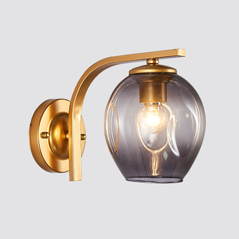 Cup Sconce Modern Blue/Green/Amber Dimpled Blown Glass 1 Head Wall Mounted Lighting with Black/Gold Metal Curved Arm for Bedside Gold Smoke Grey Clearhalo 'Cast Iron' 'Glass' 'Industrial' 'Modern wall lights' 'Modern' 'Tiffany' 'Traditional wall lights' 'Wall Lamps & Sconces' 'Wall Lights' Lighting' 294530