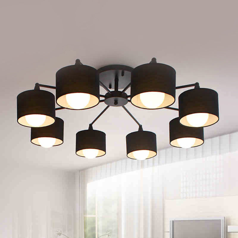 Fabric Sputnik Hanging Ceiling Light Minimalist 8 Lights Black/White/Flaxen Pendant Chandelier for Living Room Black Clearhalo 'Ceiling Lights' 'Close To Ceiling Lights' 'Close to ceiling' 'Semi-flushmount' Lighting' 294634