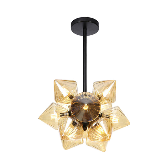 Black/Chrome Prism Semi Flush Light Vintage Clear/Amber Ribbed Glass 9/12 Lights Living Room Ceiling Lamp Clearhalo 'Ceiling Lights' 'Close To Ceiling Lights' 'Close to ceiling' 'Glass shade' 'Glass' 'Semi-flushmount' Lighting' 294663