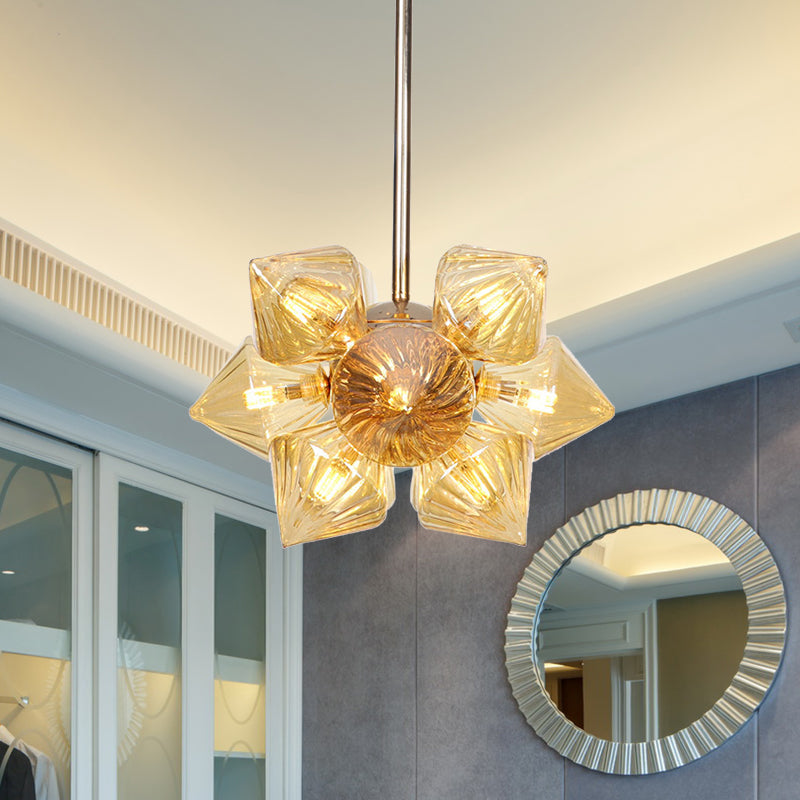 9/12 Lights Clear/Amber Glass Ceiling Light Fixture Vintage Copper Prism Living Room Semi Mount Lighting 9 Amber Clearhalo 'Ceiling Lights' 'Close To Ceiling Lights' 'Close to ceiling' 'Glass shade' 'Glass' 'Pendant Lights' 'Semi-flushmount' Lighting' 294674