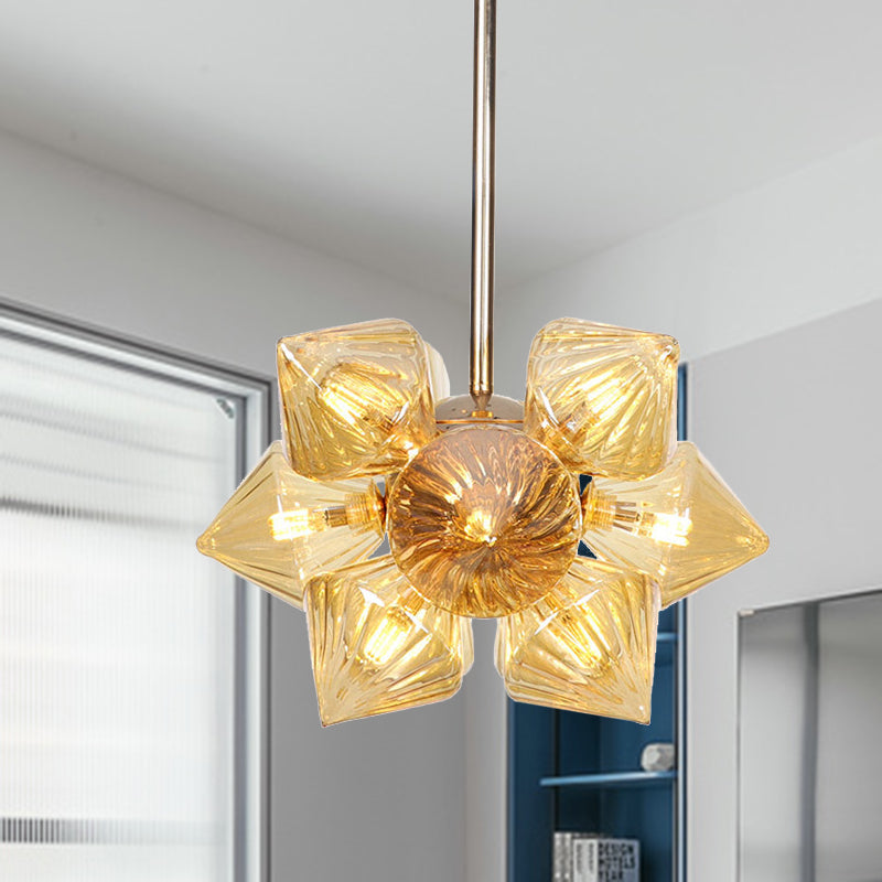 9/12 Lights Clear/Amber Glass Ceiling Light Fixture Vintage Copper Prism Living Room Semi Mount Lighting Clearhalo 'Ceiling Lights' 'Close To Ceiling Lights' 'Close to ceiling' 'Glass shade' 'Glass' 'Pendant Lights' 'Semi-flushmount' Lighting' 294675