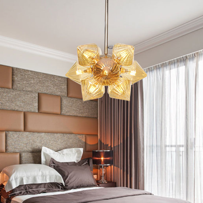 9/12 Lights Clear/Amber Glass Ceiling Light Fixture Vintage Copper Prism Living Room Semi Mount Lighting Clearhalo 'Ceiling Lights' 'Close To Ceiling Lights' 'Close to ceiling' 'Glass shade' 'Glass' 'Pendant Lights' 'Semi-flushmount' Lighting' 294676