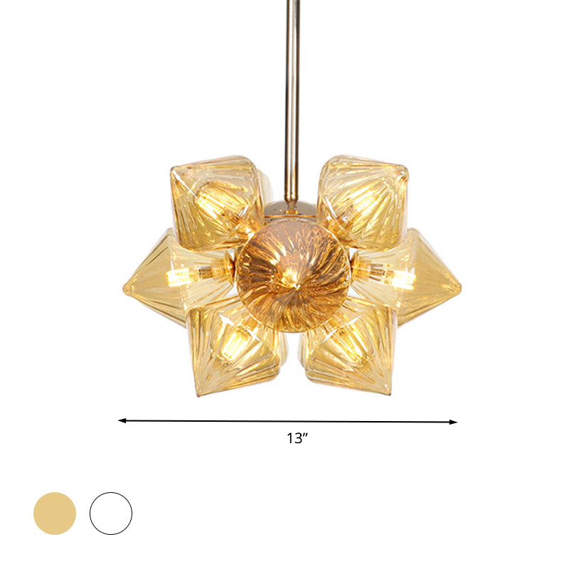 9/12 Lights Clear/Amber Glass Ceiling Light Fixture Vintage Copper Prism Living Room Semi Mount Lighting Clearhalo 'Ceiling Lights' 'Close To Ceiling Lights' 'Close to ceiling' 'Glass shade' 'Glass' 'Pendant Lights' 'Semi-flushmount' Lighting' 294678