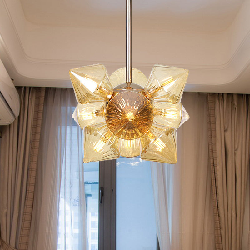 9/12 Lights Clear/Amber Glass Ceiling Light Fixture Vintage Copper Prism Living Room Semi Mount Lighting 12 Amber Clearhalo 'Ceiling Lights' 'Close To Ceiling Lights' 'Close to ceiling' 'Glass shade' 'Glass' 'Pendant Lights' 'Semi-flushmount' Lighting' 294680