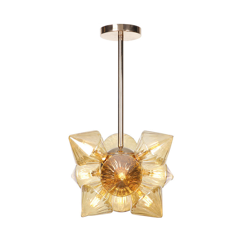 9/12 Lights Clear/Amber Glass Ceiling Light Fixture Vintage Copper Prism Living Room Semi Mount Lighting Clearhalo 'Ceiling Lights' 'Close To Ceiling Lights' 'Close to ceiling' 'Glass shade' 'Glass' 'Pendant Lights' 'Semi-flushmount' Lighting' 294681