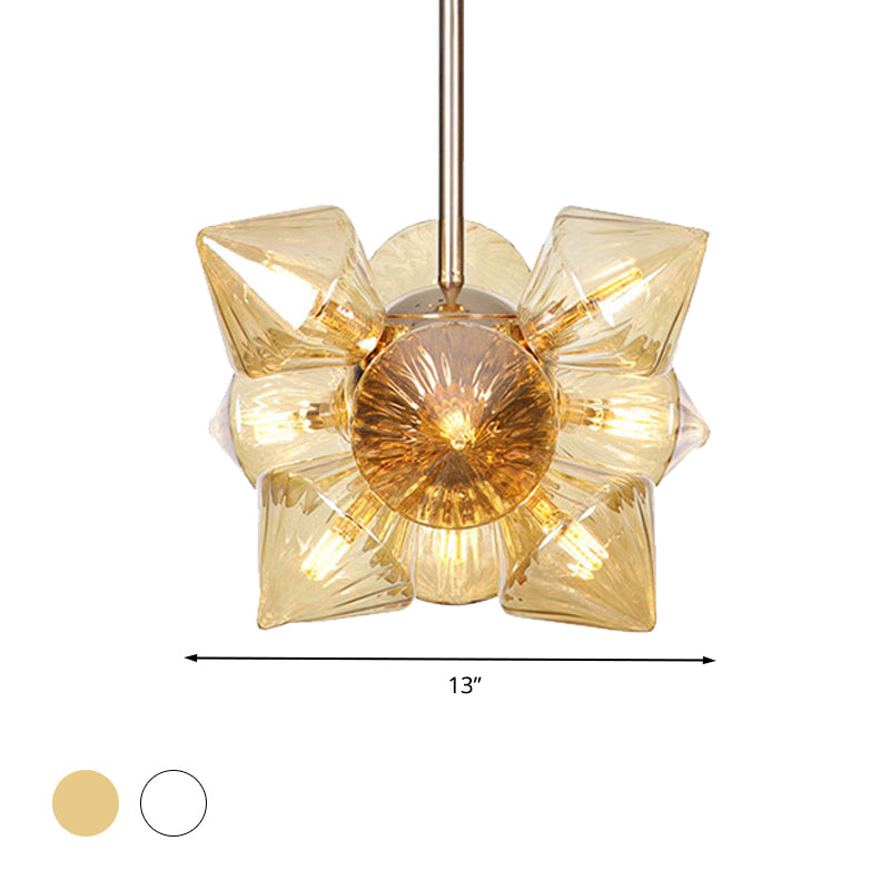 9/12 Lights Clear/Amber Glass Ceiling Light Fixture Vintage Copper Prism Living Room Semi Mount Lighting Clearhalo 'Ceiling Lights' 'Close To Ceiling Lights' 'Close to ceiling' 'Glass shade' 'Glass' 'Pendant Lights' 'Semi-flushmount' Lighting' 294682