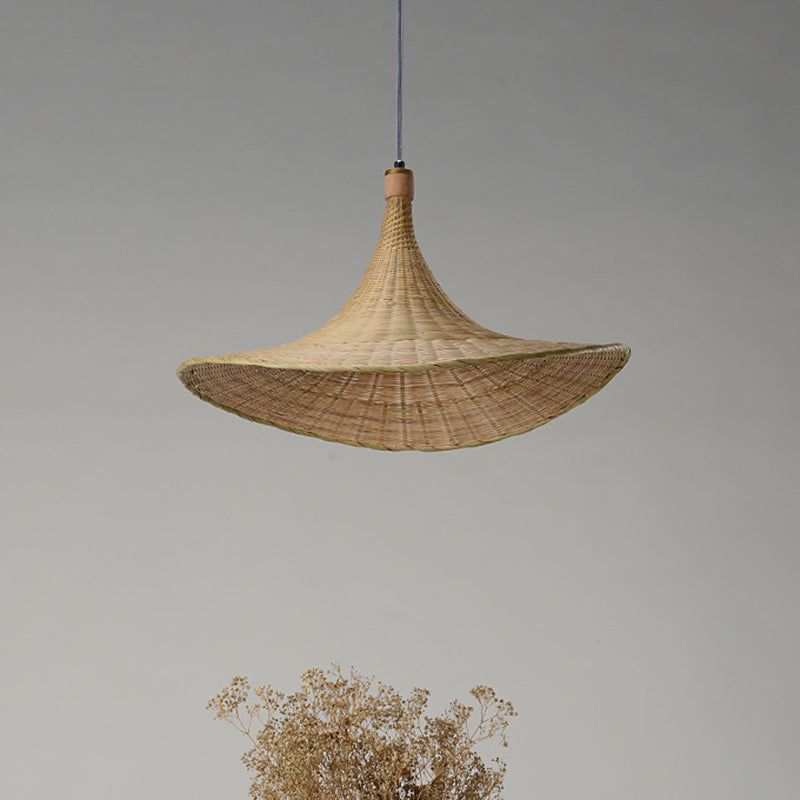 Contemporary Hat Shape Suspension Pendant Bamboo 16"/19.5" W 1 Light Indoor Hanging Lamp in Beige Clearhalo 'Ceiling Lights' 'Modern Pendants' 'Modern' 'Pendant Lights' 'Pendants' Lighting' 294713