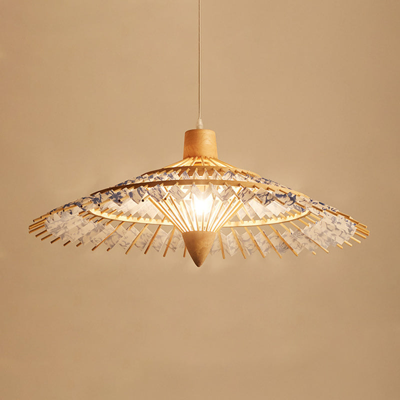 19.5"/23.5"/27.5" W Asia Umbrella Shaped Bamboo Ceiling Light 1 Light Pendant Lighting in White/Blue Clearhalo 'Ceiling Lights' 'Modern Pendants' 'Modern' 'Pendant Lights' 'Pendants' Lighting' 294775