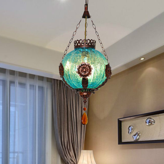 1 Light Sphere Suspension Lighting Vintage Blue Crackle Glass Hanging Ceiling Light Blue Clearhalo 'Ceiling Lights' 'Close To Ceiling Lights' 'Glass shade' 'Glass' 'Pendant Lights' 'Pendants' Lighting' 294803