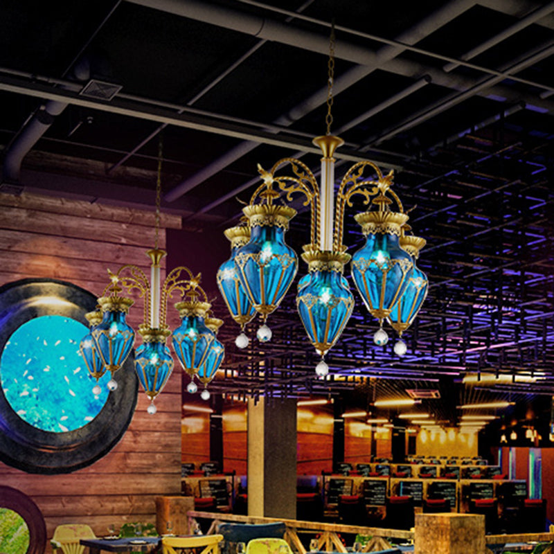 6 Lights Chandelier Light Fixture Curved Arm Red/Blue/Green Glass Suspension Pendant in Brass for Restaurant Blue Clearhalo 'Ceiling Lights' 'Chandeliers' 'Glass shade' 'Glass' Lighting' 294827