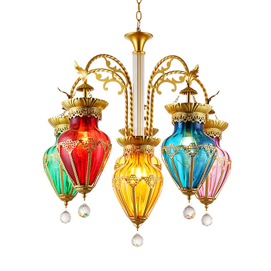 Urn Red-Yellow-Blue Glass Hanging Chandelier Moroccan 6 Lights Restaurant Ceiling Light Clearhalo 'Ceiling Lights' 'Chandeliers' Lighting' options 294880