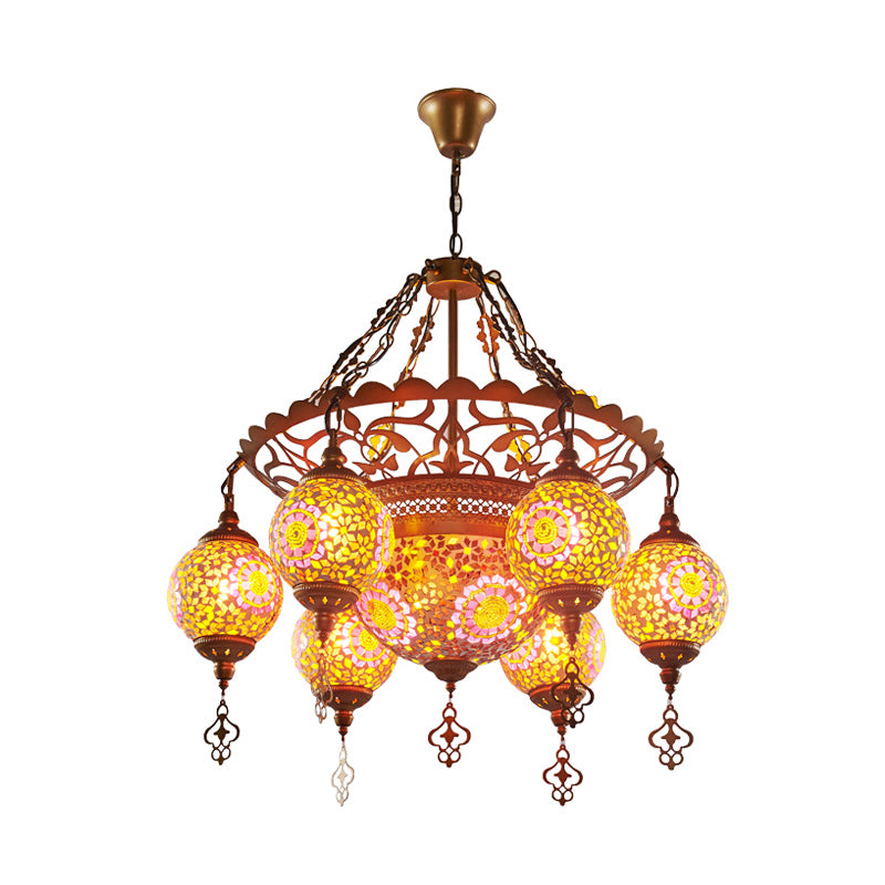 Globe Restaurant Chandelier Lighting Fixture Metal 6 Lights Gold Pendant Light with Colorful Glass Shade Clearhalo 'Ceiling Lights' 'Chandeliers' Lighting' options 294891