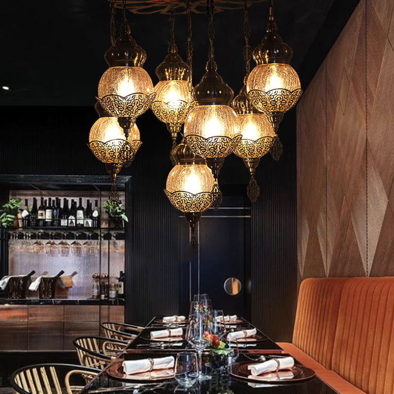 Bronze Spherical Chandelier Moroccan Amber Crackle Glass 7 Lights Restaurant Hanging Ceiling Light with Metal Frame Clearhalo 'Ceiling Lights' 'Chandeliers' Lighting' options 294896