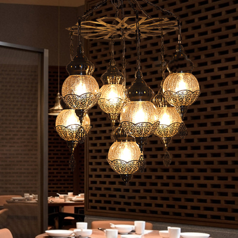 Bronze Spherical Chandelier Moroccan Amber Crackle Glass 7 Lights Restaurant Hanging Ceiling Light with Metal Frame Clearhalo 'Ceiling Lights' 'Chandeliers' Lighting' options 294897