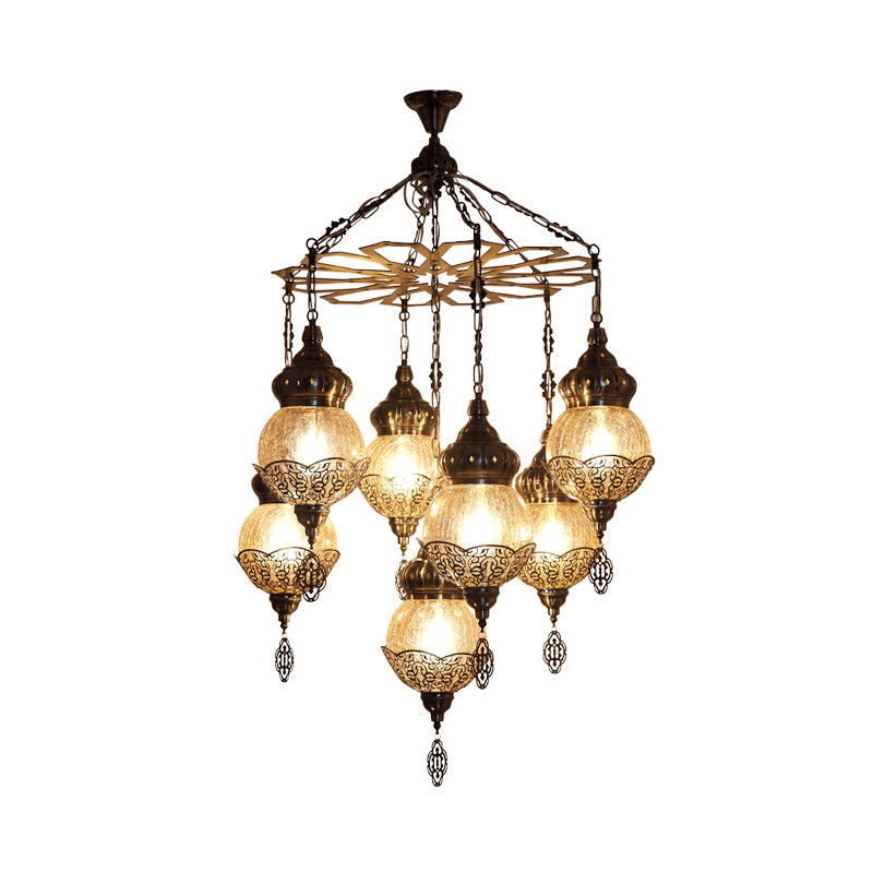 Bronze Spherical Chandelier Moroccan Amber Crackle Glass 7 Lights Restaurant Hanging Ceiling Light with Metal Frame Clearhalo 'Ceiling Lights' 'Chandeliers' Lighting' options 294898