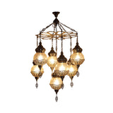 Bronze Spherical Chandelier Moroccan Amber Crackle Glass 7 Lights Restaurant Hanging Ceiling Light with Metal Frame Clearhalo 'Ceiling Lights' 'Chandeliers' Lighting' options 294898