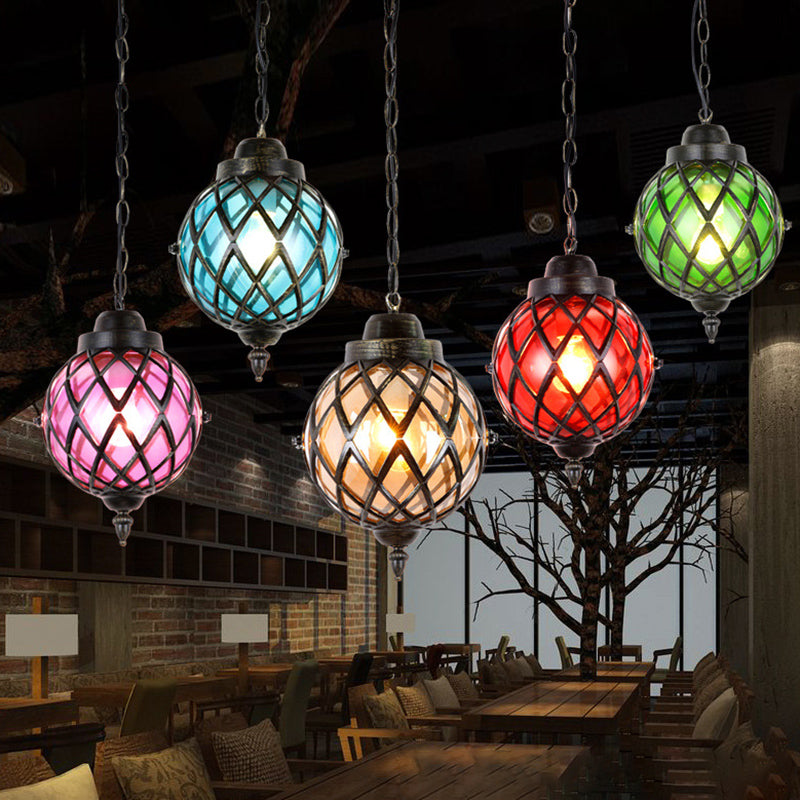 1 Light Restaurant Pendant Lighting Moroccan Black Ceiling Light with Globe Amber/Green/Purple Glass Shade Clearhalo 'Ceiling Lights' 'Glass shade' 'Glass' 'Island Lights' 'Pendant Lights' 'Pendants' Lighting' 294921