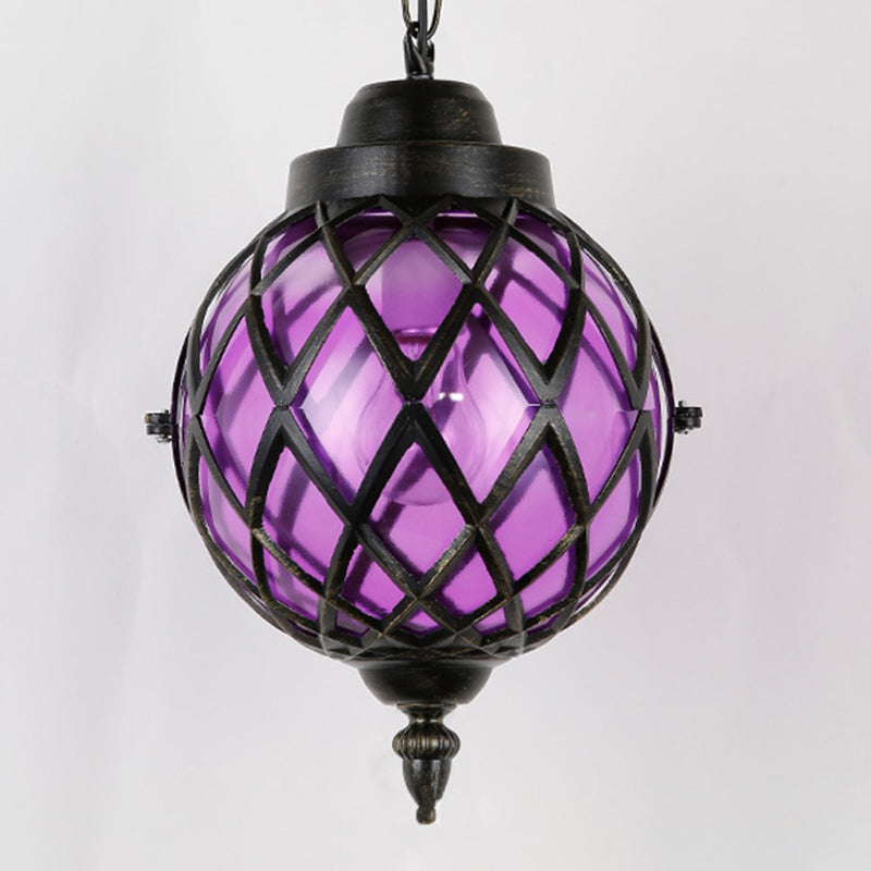 1 Light Restaurant Pendant Lighting Moroccan Black Ceiling Light with Globe Amber/Green/Purple Glass Shade Clearhalo 'Ceiling Lights' 'Glass shade' 'Glass' 'Island Lights' 'Pendant Lights' 'Pendants' Lighting' 294923