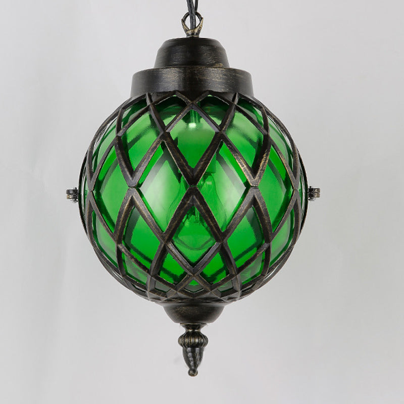 1 Light Restaurant Pendant Lighting Moroccan Black Ceiling Light with Globe Amber/Green/Purple Glass Shade Clearhalo 'Ceiling Lights' 'Glass shade' 'Glass' 'Island Lights' 'Pendant Lights' 'Pendants' Lighting' 294924