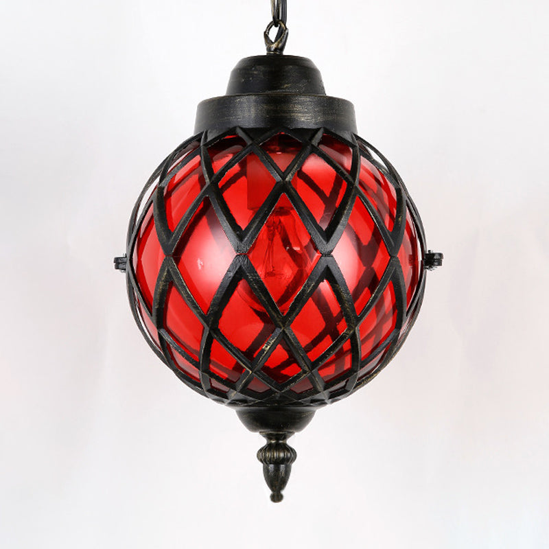 1 Light Restaurant Pendant Lighting Moroccan Black Ceiling Light with Globe Amber/Green/Purple Glass Shade Clearhalo 'Ceiling Lights' 'Glass shade' 'Glass' 'Island Lights' 'Pendant Lights' 'Pendants' Lighting' 294925