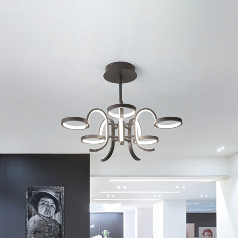 Black Curve Arm Chandelier Lighting Modernism 5/6 Heads Metal Pendant Light in Warm/White Light 5 Black White Clearhalo 'Ceiling Lights' 'Chandeliers' 'Modern Chandeliers' 'Modern' Lighting' 295014