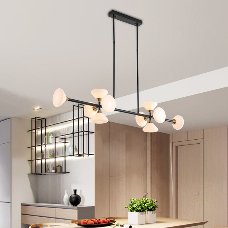 Matte White Glass Flared Island Pendant Modern Style 10-Head Black Hanging Lamp over Table in Warm/White Light Black Clearhalo 'Ceiling Lights' 'Chandeliers' 'Glass shade' 'Glass' 'Island Lights' 'Pendant Lights' Lighting' 295422